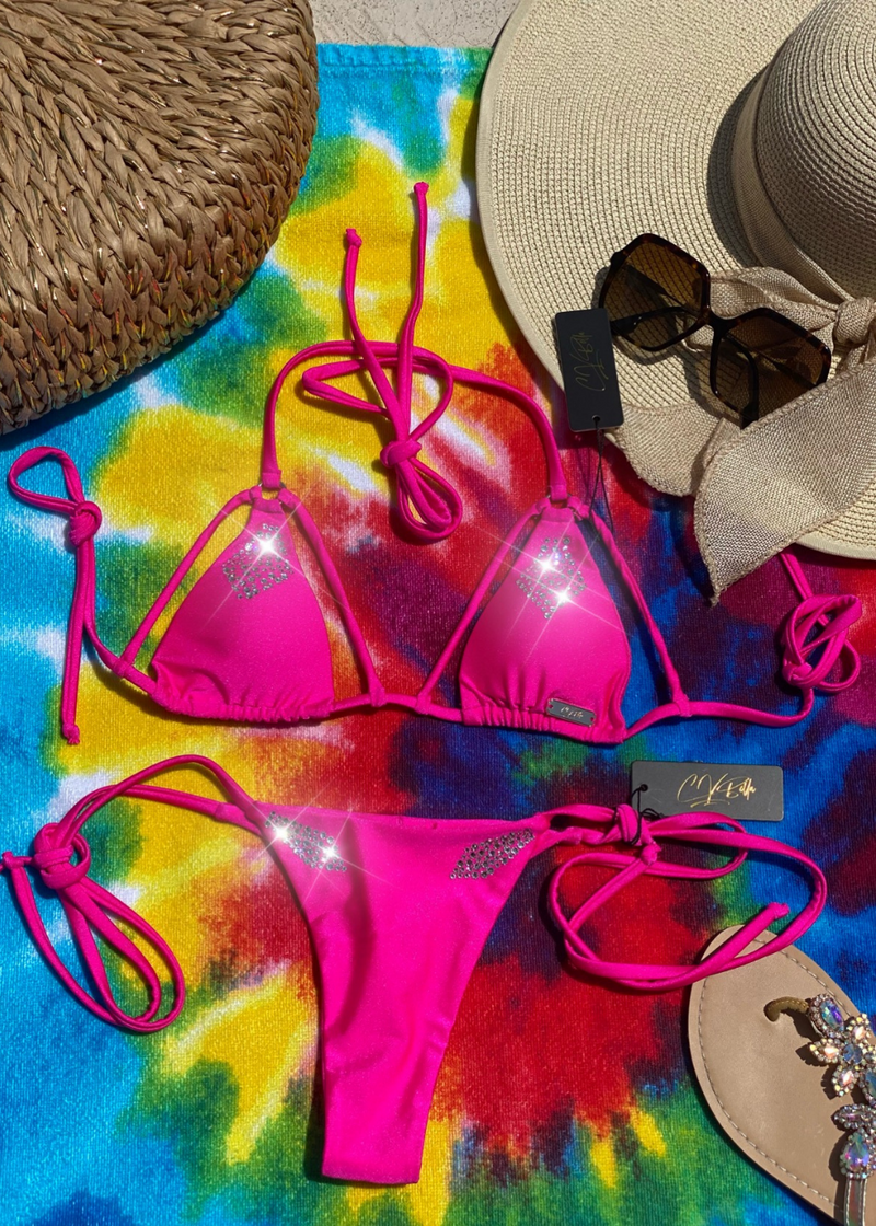 Crystal Art Women Mallory Moore Pink Triangle Cheeky Crystalized High Fashion Bikini Set Designed by CVBella