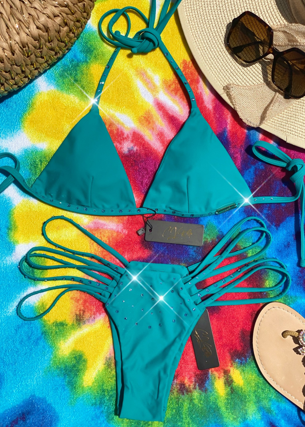 Crystal Art Women River Rae Turquoise Triangle Cheeky Crystalized High Fashion Bikini Set Designed by CVBella