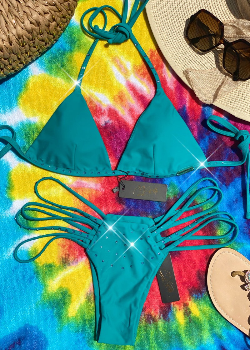 Crystal Art Women River Rae Turquoise Triangle Cheeky Crystalized High Fashion Bikini Set Designed by CVBella