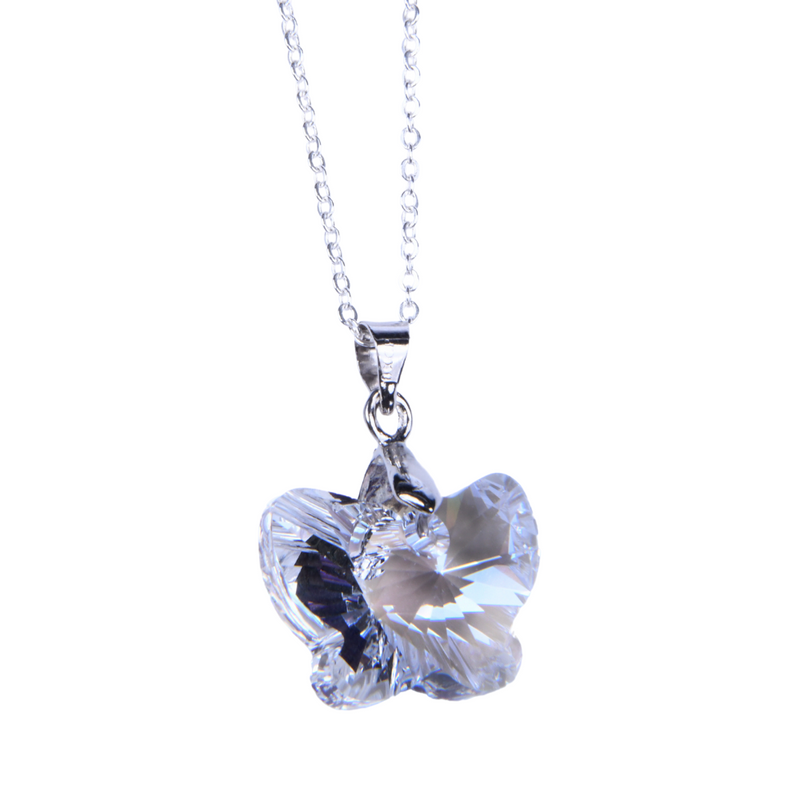 Crystal Art Project Moon Light 18mm Crystal Butterfly Pendant, 18" Silver-Toned Chain Necklace, Rhodium Finish (CLEAR)